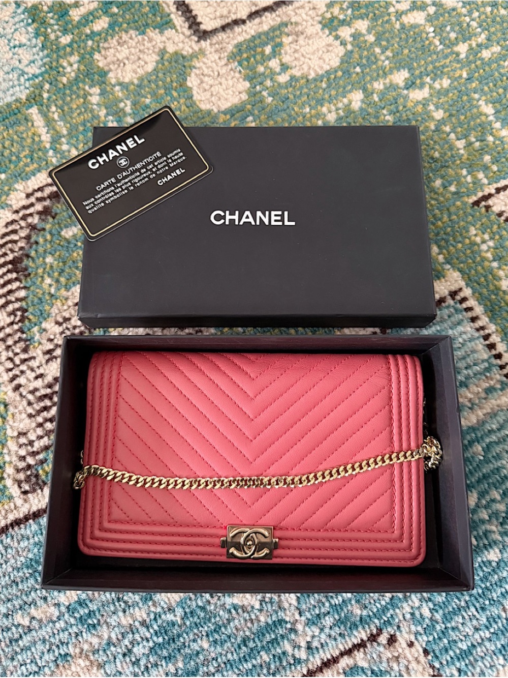 CHANEL Boy Womens Long Flap Chevron Leather Wallet Clutch Bag Pink Coral + Chain